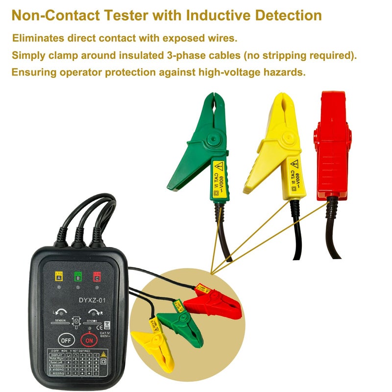 Vanlison Non-Contact 3 Phase Rotation Meter | Motor Rotation Tester for AC 70V-600V | Phase Sequence, Live Wire & Circuit Break Detector | Auto Power-Off, 20" Clamps | Professional Electrician Tool Kit - Image 3